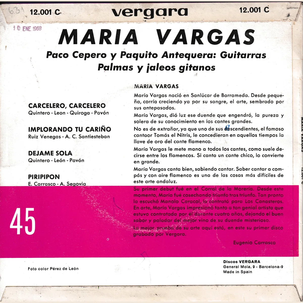 Otra vista de Carcelero, carcelero – Implorando tu cariño – Déjame sola – Piripipon (CANTE FLAMENCO)