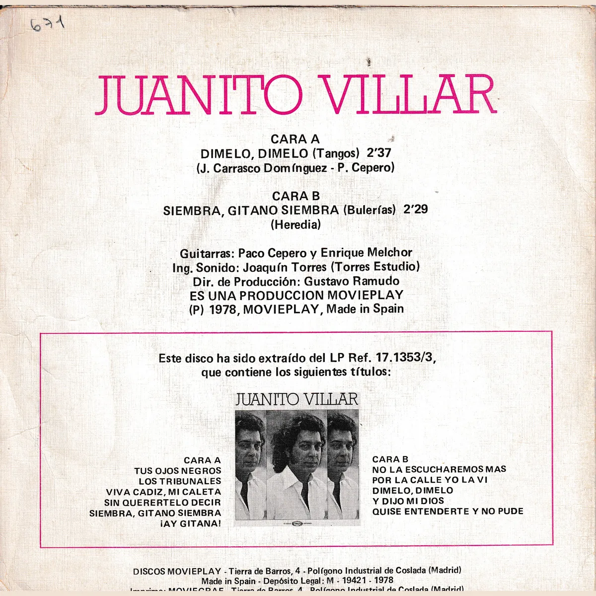 Otra vista de Dímelo, dímelo – Siembra, gitano siembra (JUANITO VILLAR)